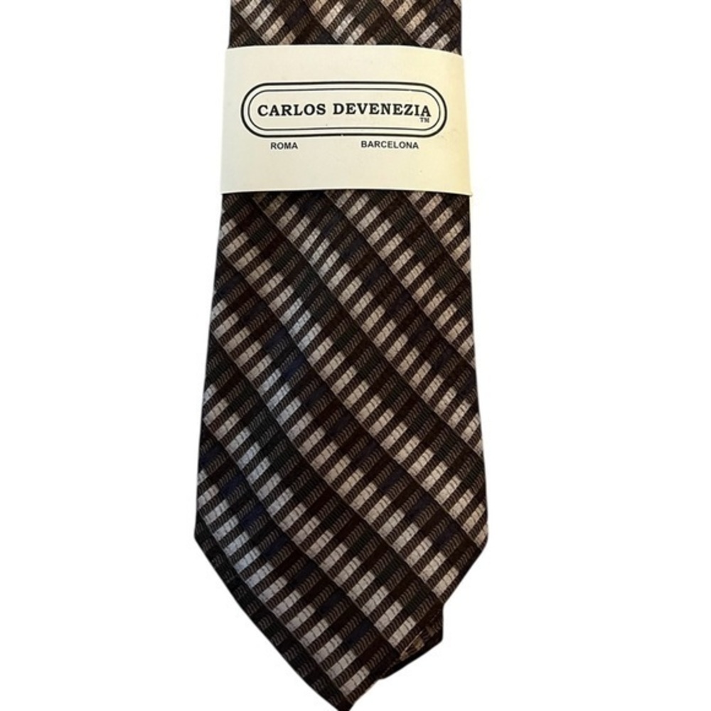 NWT CARLOS DeVENEZIA European handmade silk tie, brown cream geometric stripes